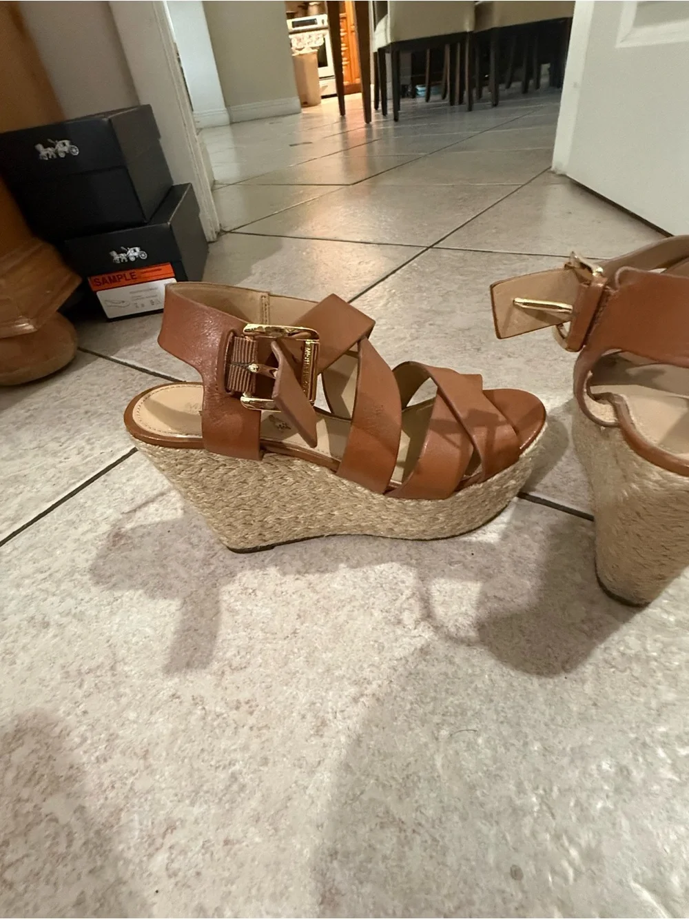 Michael Kors Leather Espadrille Platform Sandals Brown Size 6.5 Ankle Strap